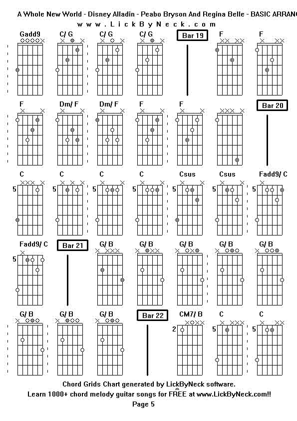 Chord Grids Chart of chord melody fingerstyle guitar song-A Whole New World - Disney Alladin - Peabo Bryson And Regina Belle - BASIC ARRANGEMENT,generated by LickByNeck software.